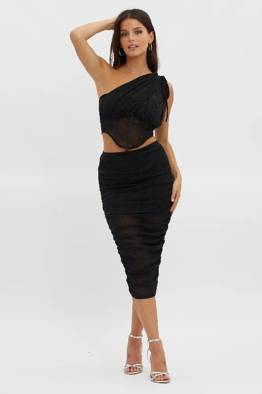 Maddisan Ruched Glitter Mesh Midi Skirt Black satin skirt smooth