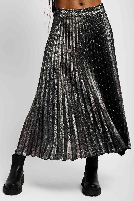 Metallic Pleated Skirt in Silver high slit skirt