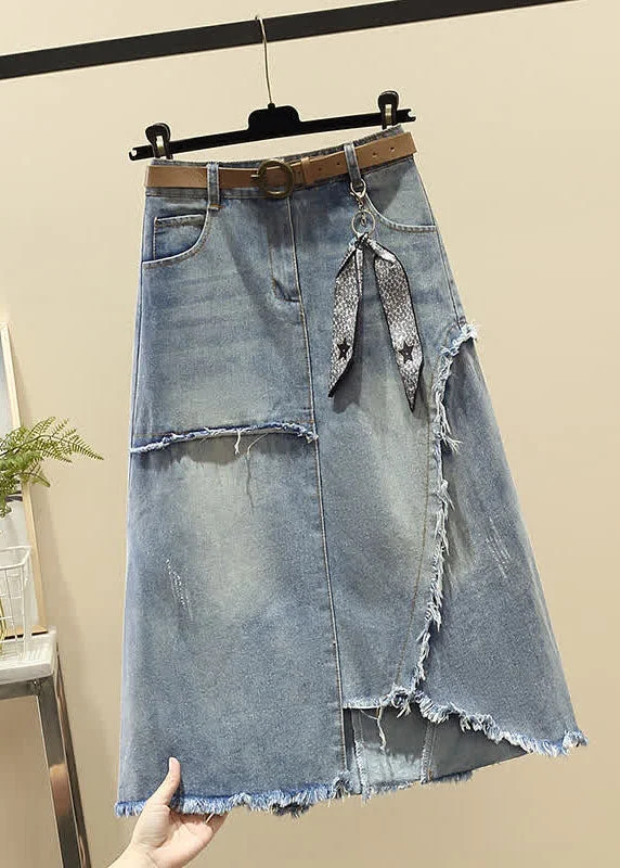 Modern Light Blue High Waist Asymmetrical Sashes Pendant Pockets Cotton Denim Skirt Summer midi skirt versatile