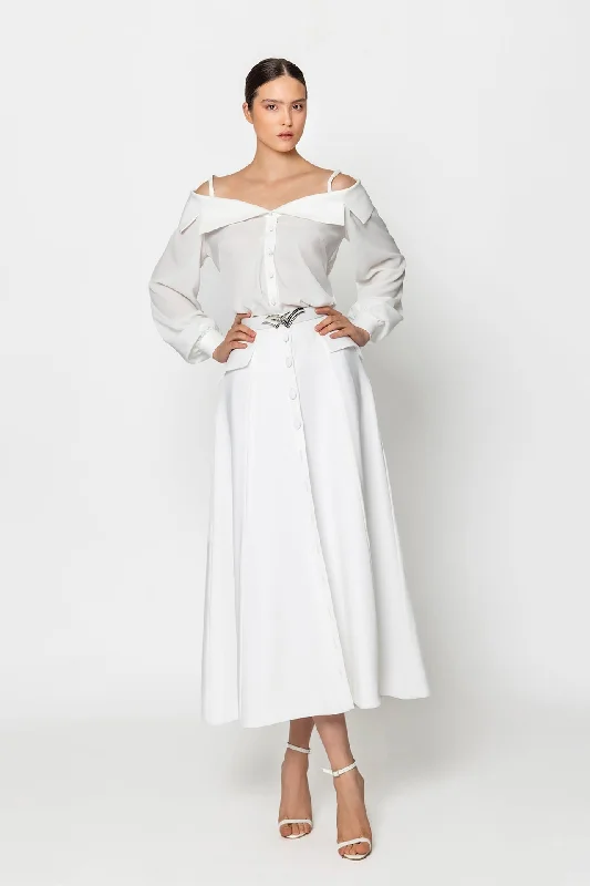 Off shoulder shirt with belted midi skirt linen skirt natural