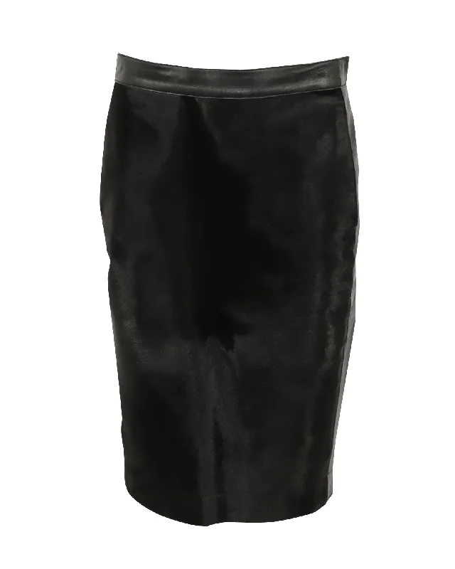 Black Leather Pencil Skirt with Panel Detailing and Exposed Back Zipper wool skirt warm