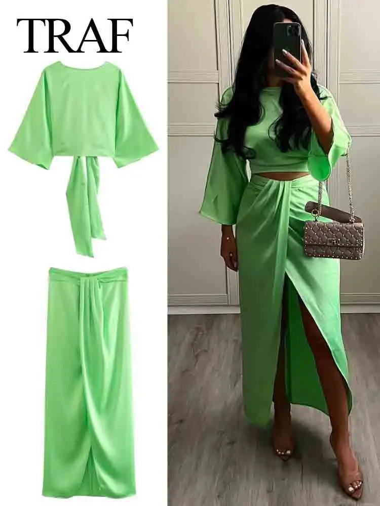 TRAF Women's  2Pcs Green Satin Skirt Sets Butterfly Satin Backless Top+Silk Satin Texture Midi Skirt  Sexy Tops Set a-line skirt cut