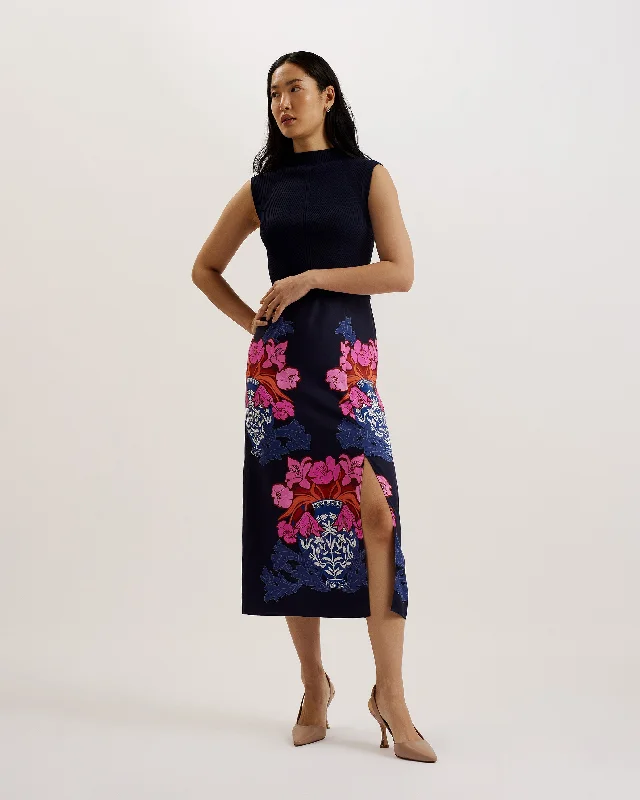 Valais Knitted Bodice Woven Skirt Dk-Blue high slit skirt