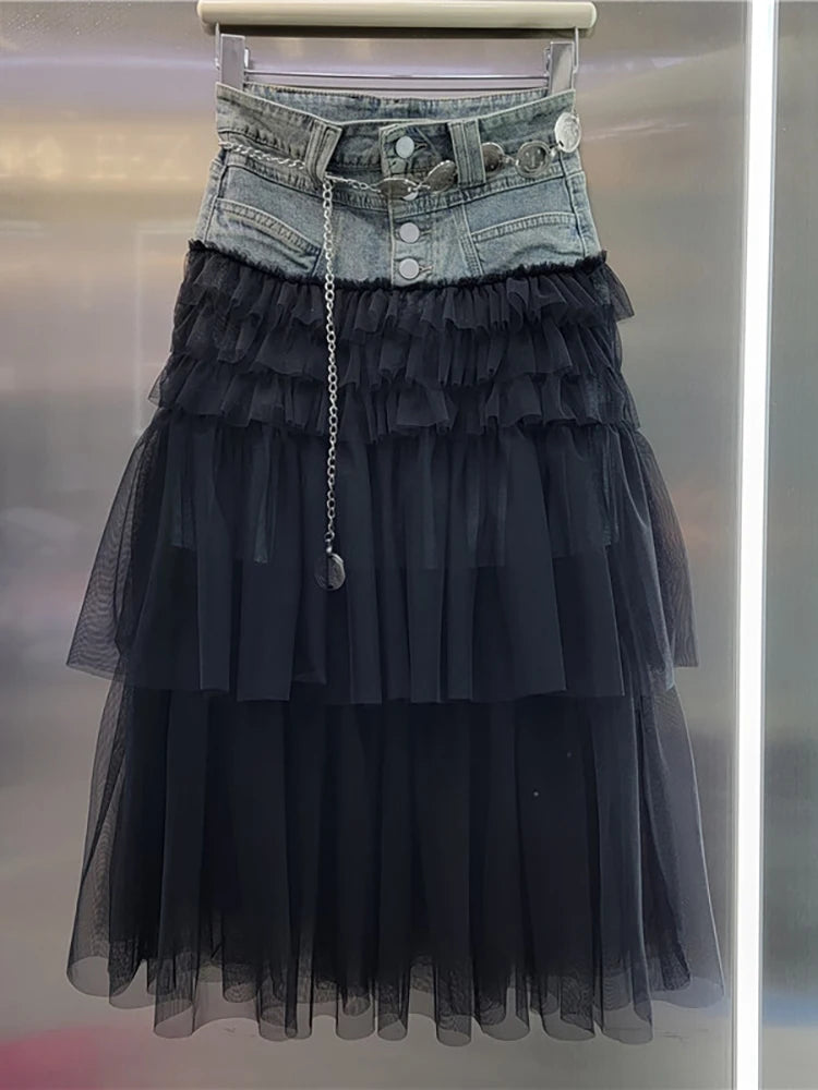 Women's Denim Skirt High Waist Patchwork Multi-layer Mesh A-line Skirt boho skirt vibe