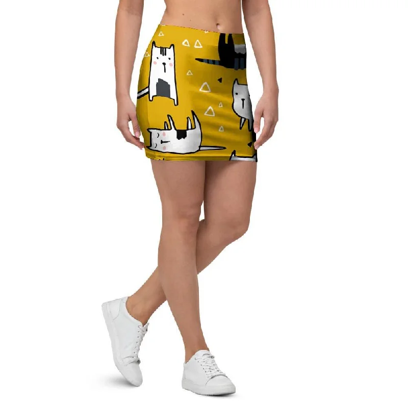 Yellow Doodle Cat Print Mini Skirt low waist skirt