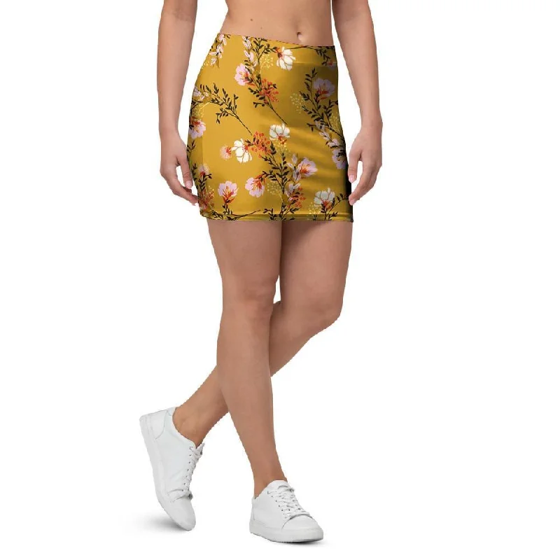 Yellow Floral Retro Print Mini Skirt lace skirt feminine