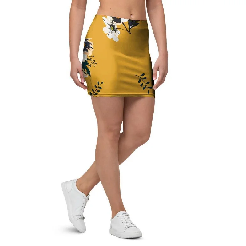 Yellow Flower Print Mini Skirt wool skirt warm