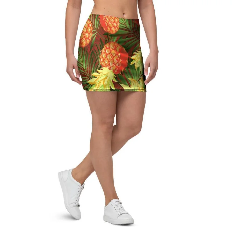 Yellow Neon Pineapple Hawaiian Print Mini Skirt button skirt front