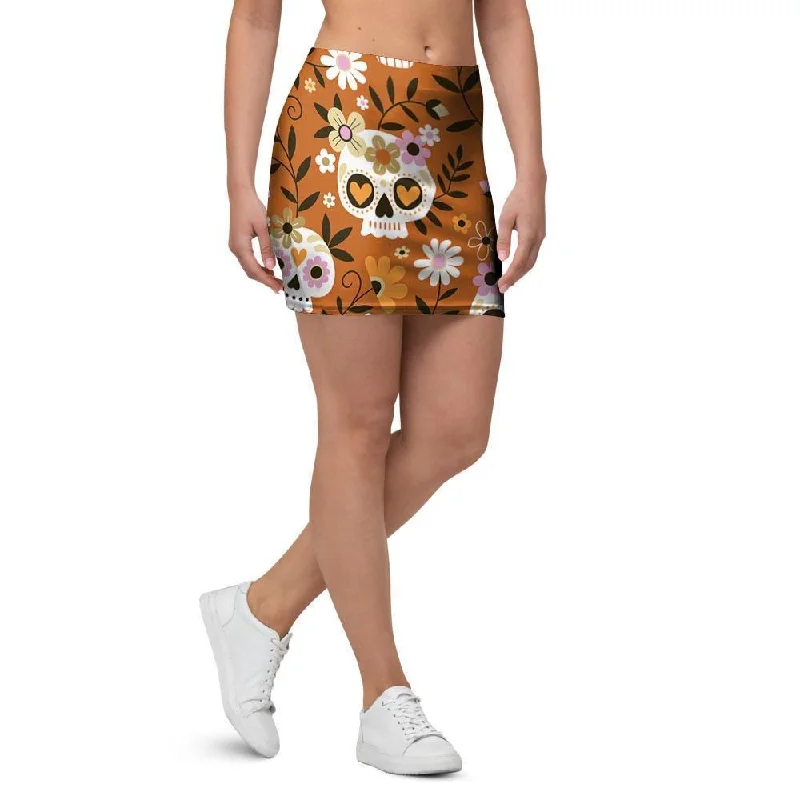 Yellow Sugar Skull Mini Skirt pleated skirt texture